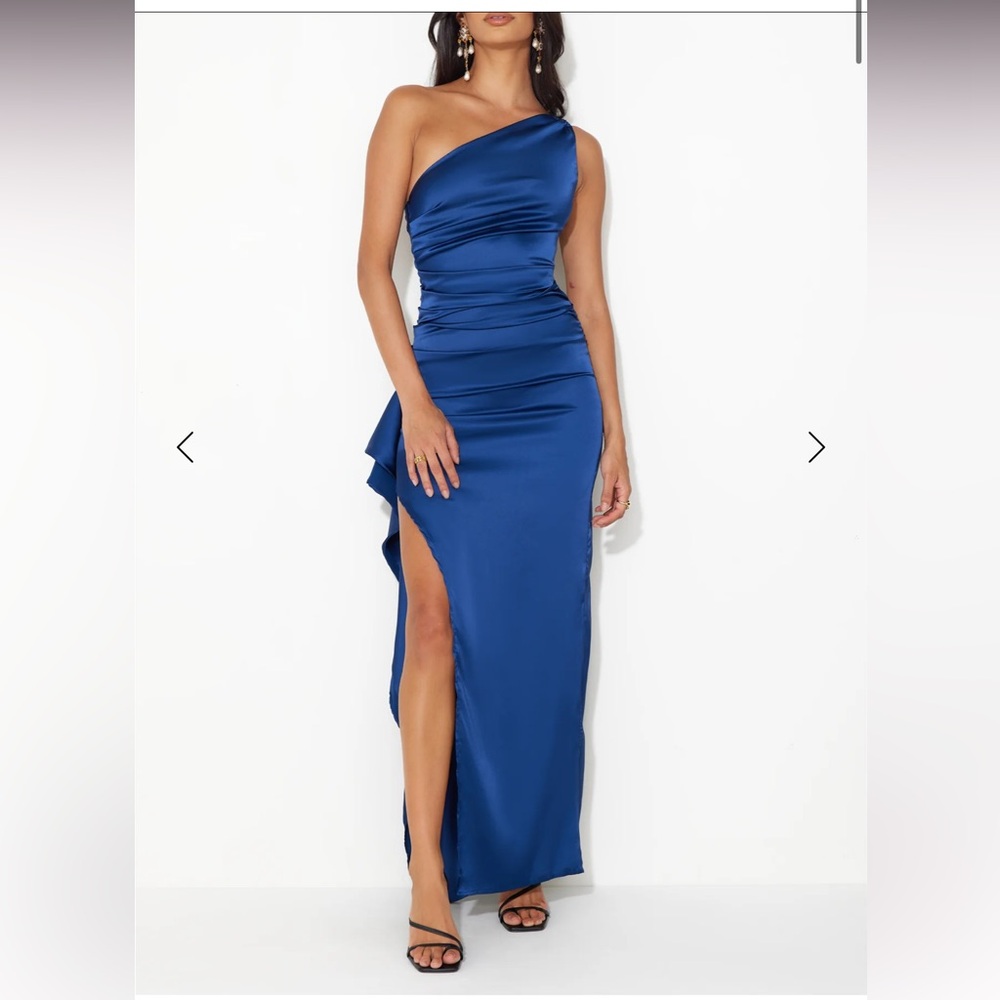 Hello Molly Extra Special One Shoulder Satin Maxi Dress in Navy Blue - size M